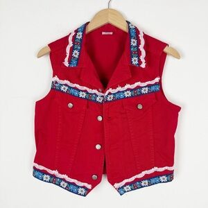 Vintage watch LA Cottagecore Red denim vest floral embroidered and lace trim